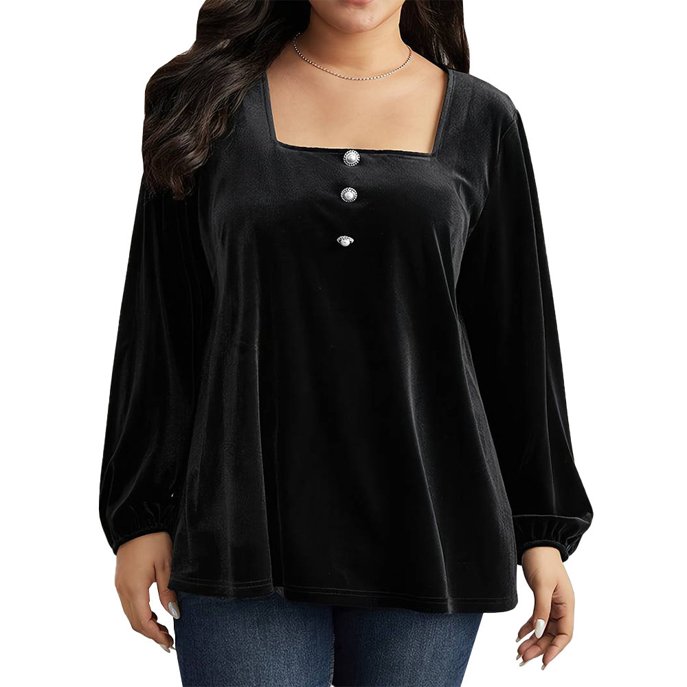 Large Size Womens Elegant Velvet T-shirt Autumn and Winter Square Neck Long Sleeved Fashionable Loose Solid Color Top