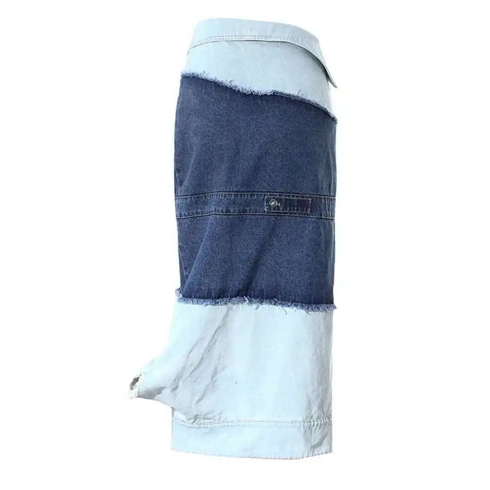 High Waist Blue Denim Fold Color-block Burr Casual Half-body Skirt Women Fashion Tide New Spring Autumn 7AB6481
