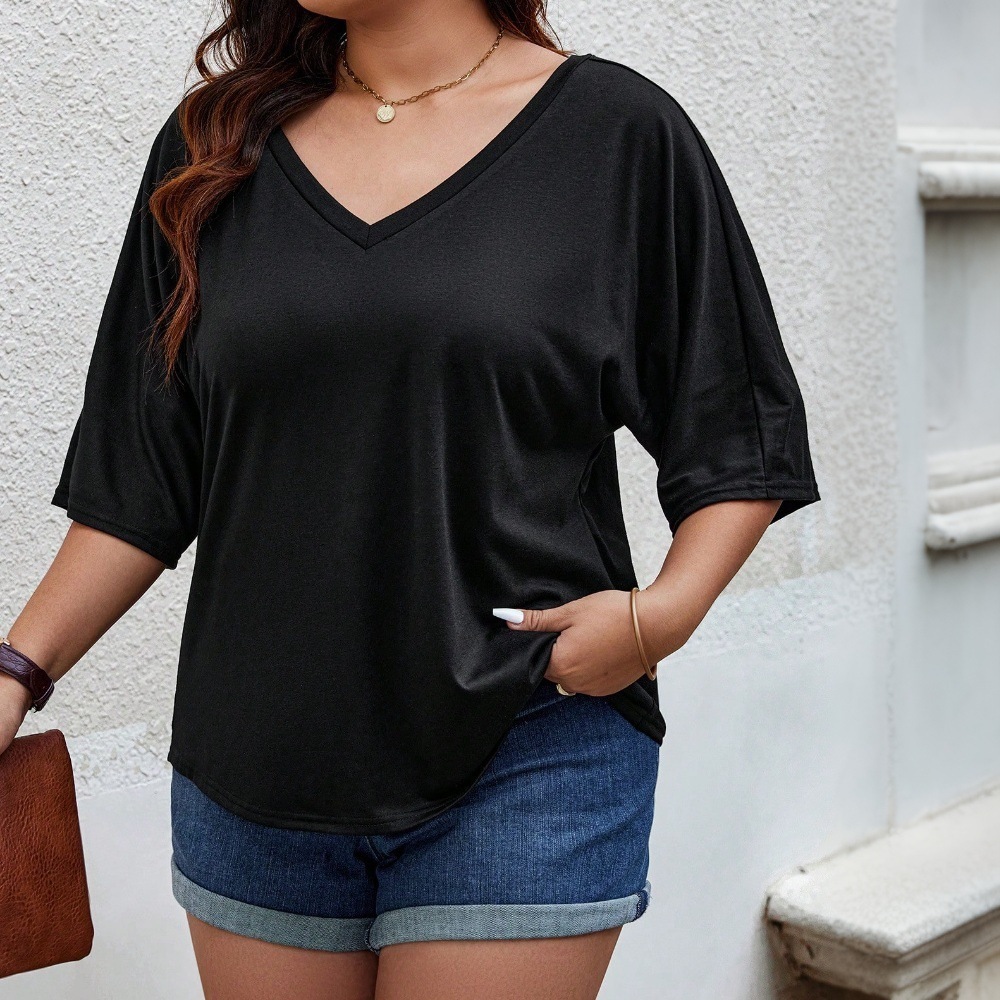 Large Size Womens Fashionable Loose V-neck T-shirt for Spring and Summer New Casual and Comfortable Versatile Top