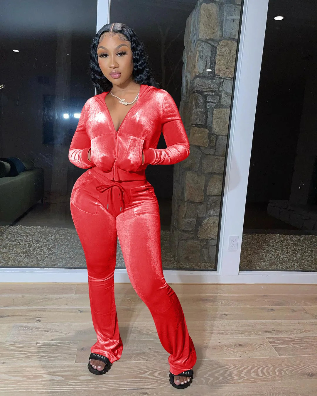 Women Solid Velvet Sports Outfits Autumn Casual Long Sleeve Hooded SweatshirtDrawstring Trousers Plus Size Female Running Sets 250515