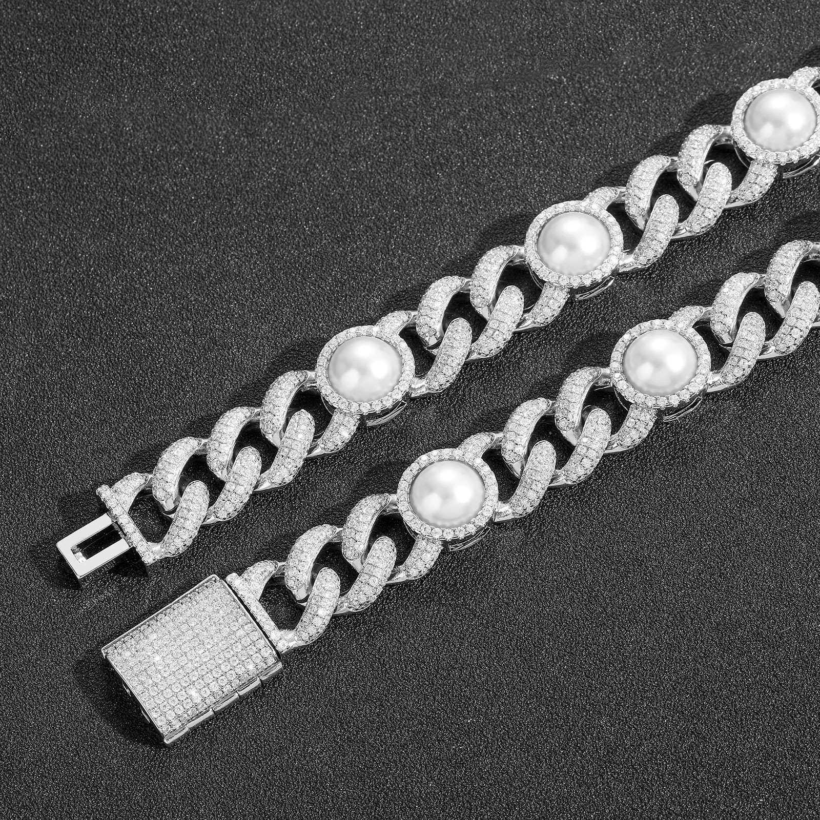 15mm Bling Chunky Hip Hop Pearl Charm Cuban Link Chain Bracelet Prong Cubic Zirconia Personalized Hip Hop Mens Creative Wrist Chains Wolf Tide Rapper 