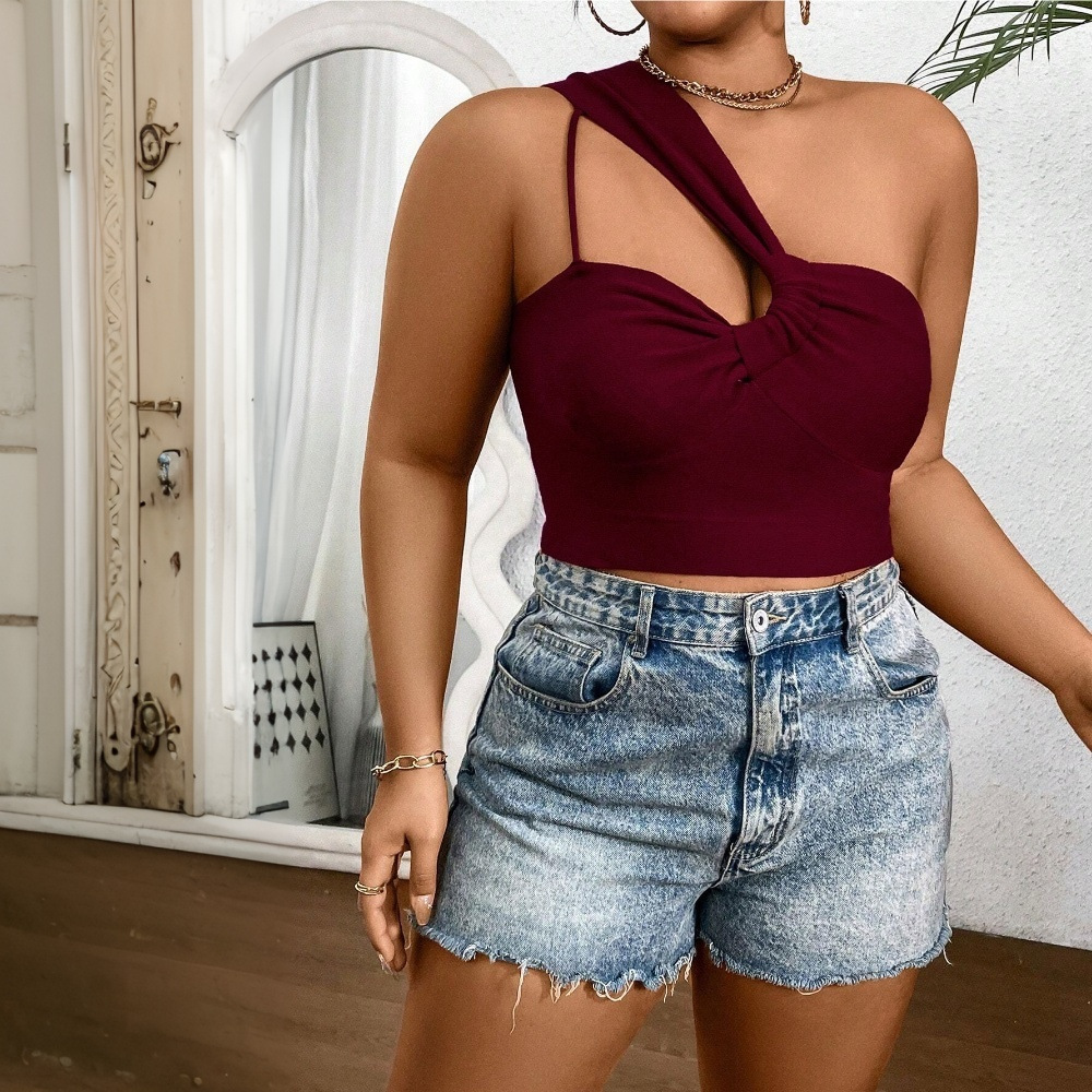 2025 Spring/summer New Large Size Womens Sexy Single Side Strap T-shirt Wine Red Slimming Short Top