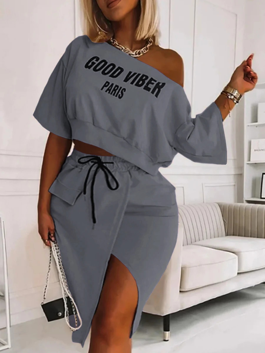 LW Plus Size Two Piece Good Viber One Shoulder Letter Print Set Crop TopHigh Split Skirt Elegant Matching Outfits For Women 250515