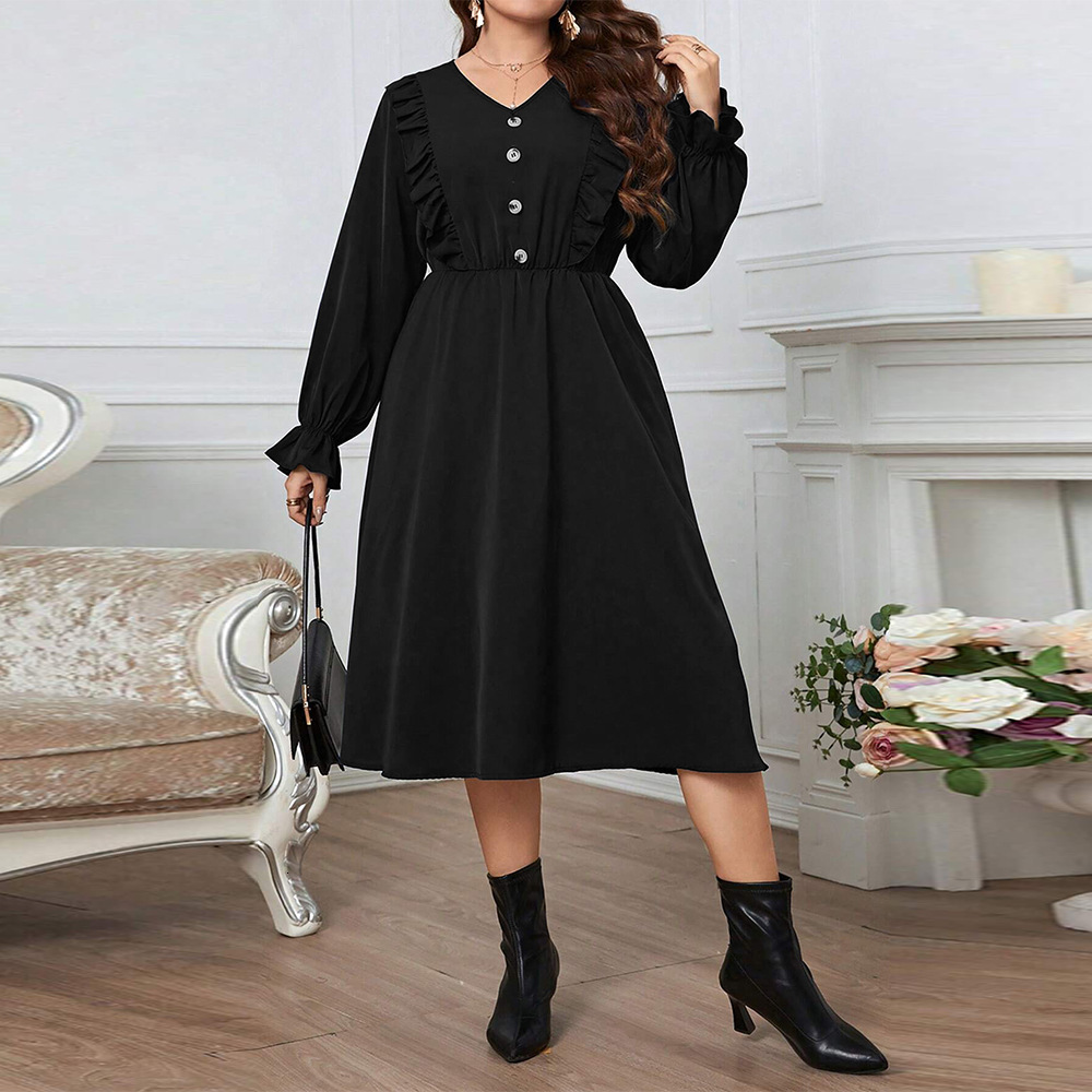 Large Size Womens New Collection with Waist Cinching and Large Skirt V-neck and Bubble Sleeves Stylish Dress