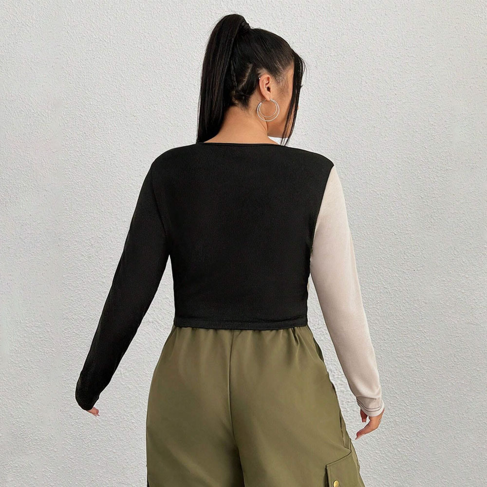 Autumn and Winter New Slim Fit Exposed Navel Splicing Contrasting Color Slimming Ultra Short Sexy Round Neck Long Sleeved T-shirt Top