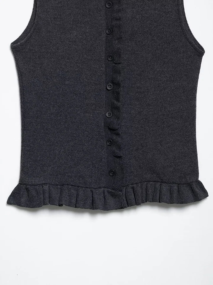 SIYANG Women Fashion Solid Ruffled Single Breasted Knitted Vest Tank Tops Vintage ONeck Sleeveless Female Chic Lady Top 250506