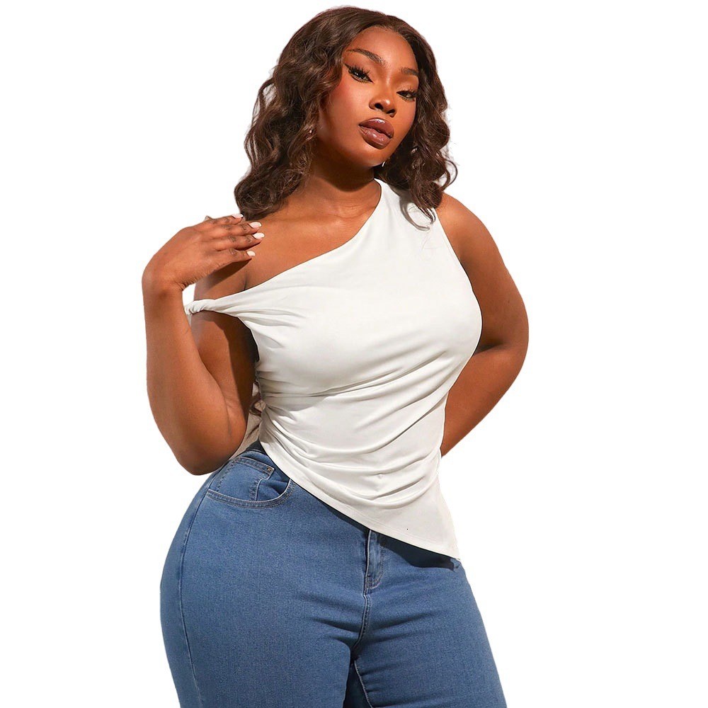 Large Size Womens Sexy Slanted Neck T-shirt Summer New Off Shoulder Sleeveless Irregular Top