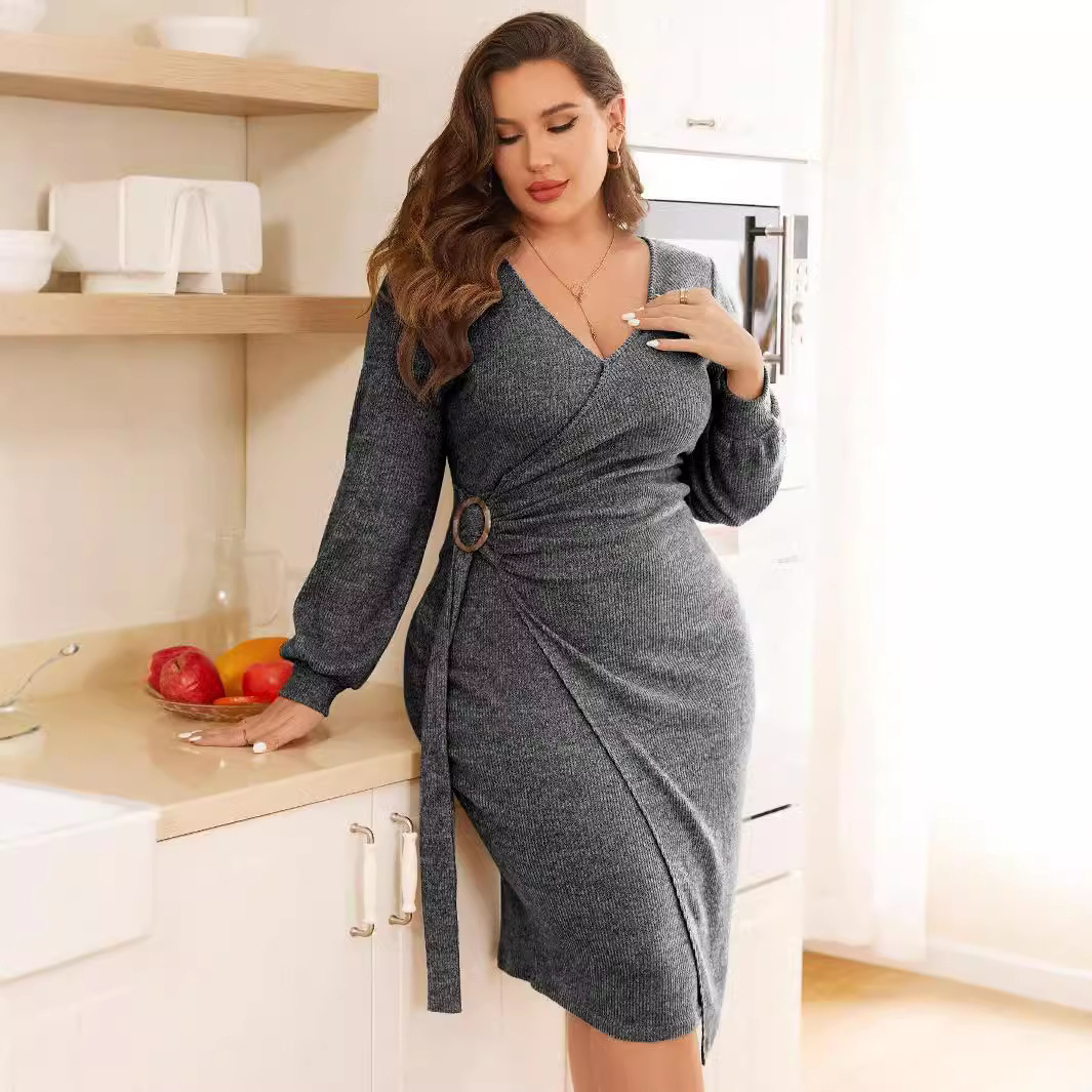 Plus Size Womens Simple Casual Style Dress Autumn and Winter Lace Up Adjustable Waist Mid Length Skirt
