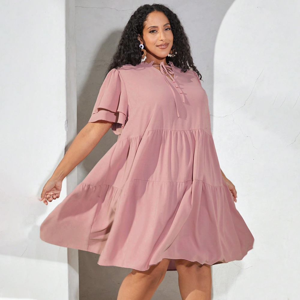 New Womens Summer Casual V-neck Doll Dress with Triple Fold
