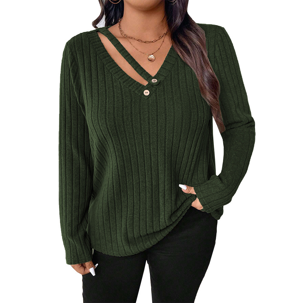Large Size Womens Versatile Commuting T-shirt Autumn and Winter Intellectual Style V-neck Loose Fit Inner Top