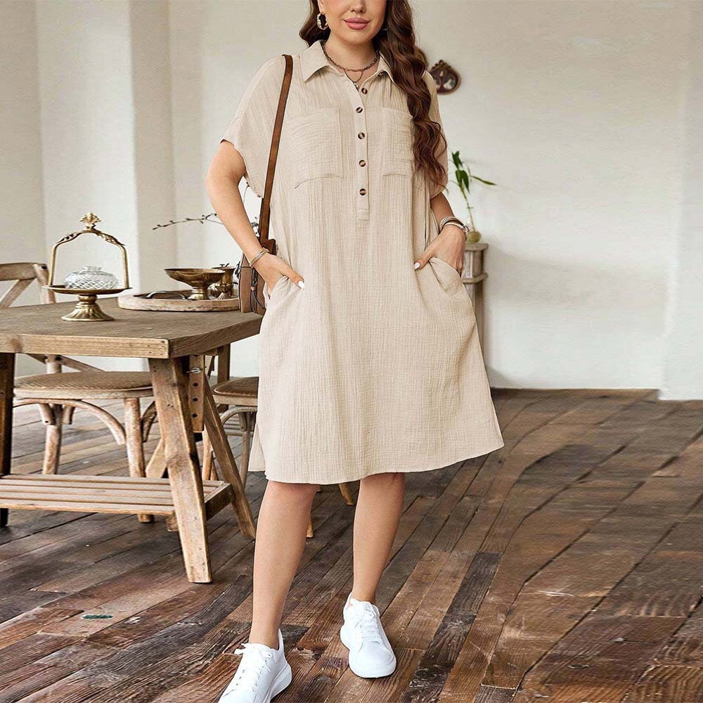Summer New Large Womens Loose Casual Shirt Skirt with Collar and Short Sleeve Solid Color Dress