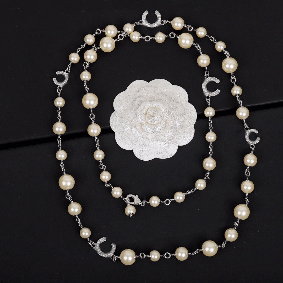 Luxury quality long chain sweater necklace with nature shell beads and diamond in silver color plated have stamp box PS6199