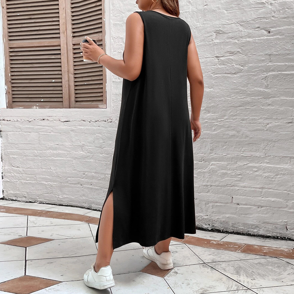 Large Size Womens New Loose H-shaped Casual Solid Color Sleeveless Vest V-neck Dress