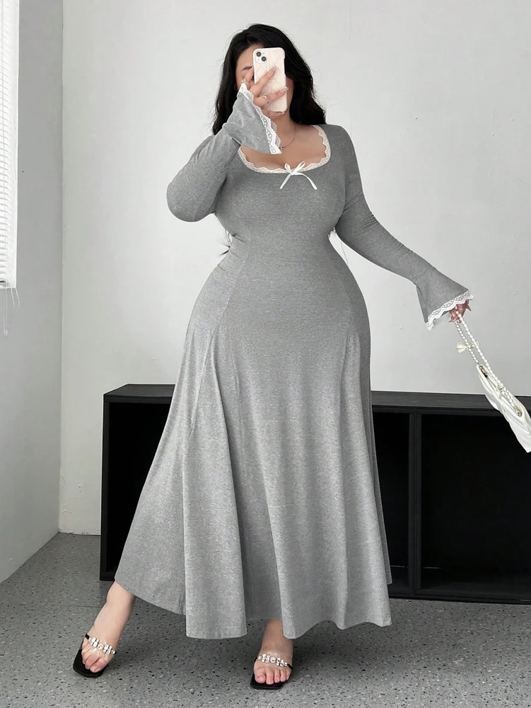 Plus Size Womens Fit Knit Dress U Neck Solid Colour Long Sleeve Casual Elegant Long Dress Polyester Material 250515