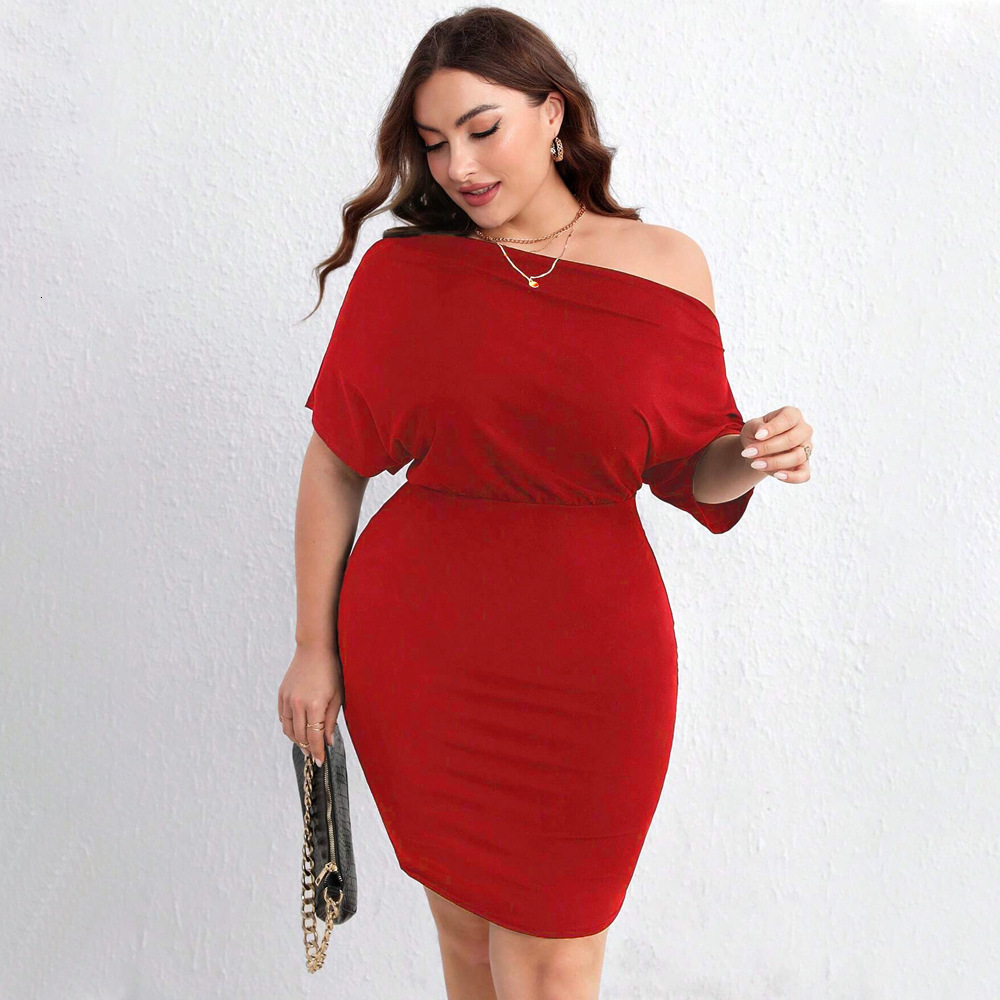 Plus Size Womens Red Dress Summer Diagonal Shoulder Bag Hip Mid Length Skirt Mini Skirt
