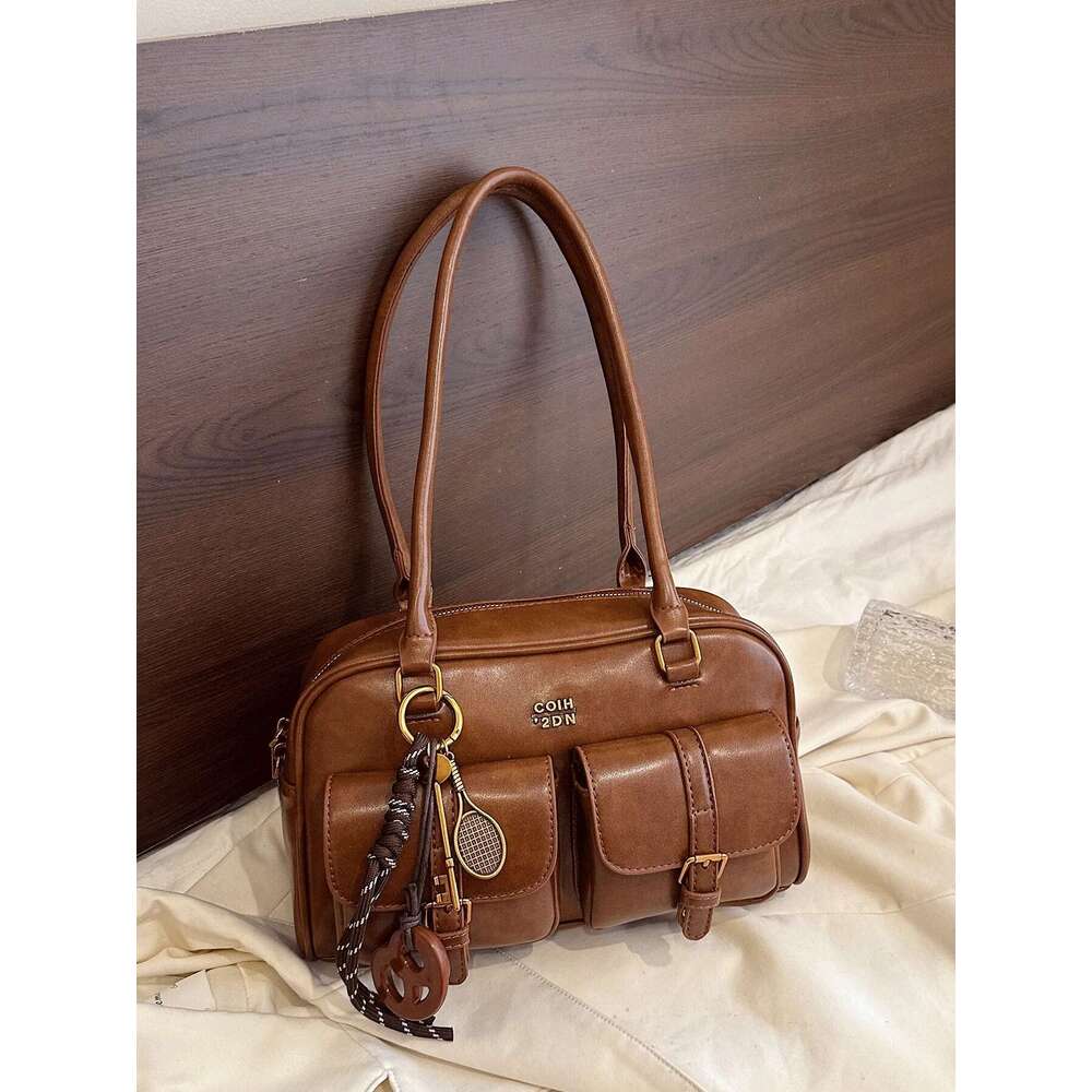 Vintage Brown Tote For Women, Crossbody Shoulder Bag With Metal Buckles & Keychain, Stylish Spacious Daily Purse