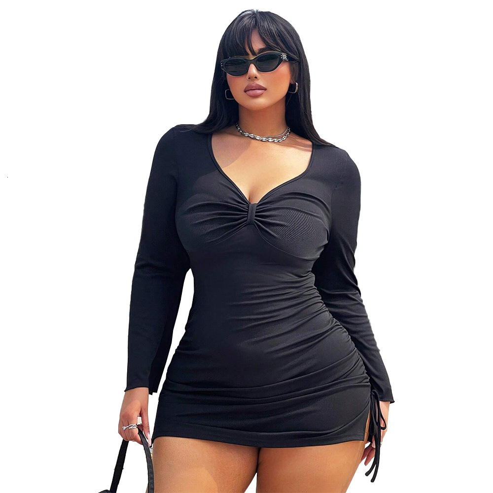 Plus Size Womens V-neck Sexy Dress Autumn and Winter New Versatile Temperament Slim Fit Long Sleeved Short Skirt