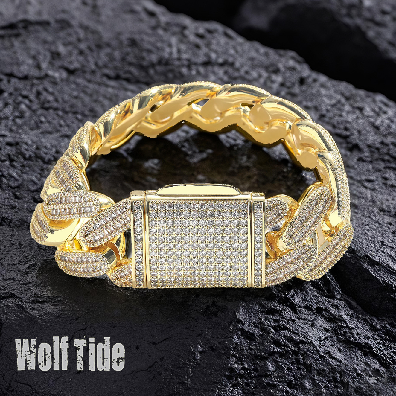 26mm Chunky Iced Out Baguette Cubic Zirconia Cuban Link Chain Bracelet For HimTrendy Brand Hip Hop Heavy Chain Mens Wolf Tide Streetwear Party Rapper 