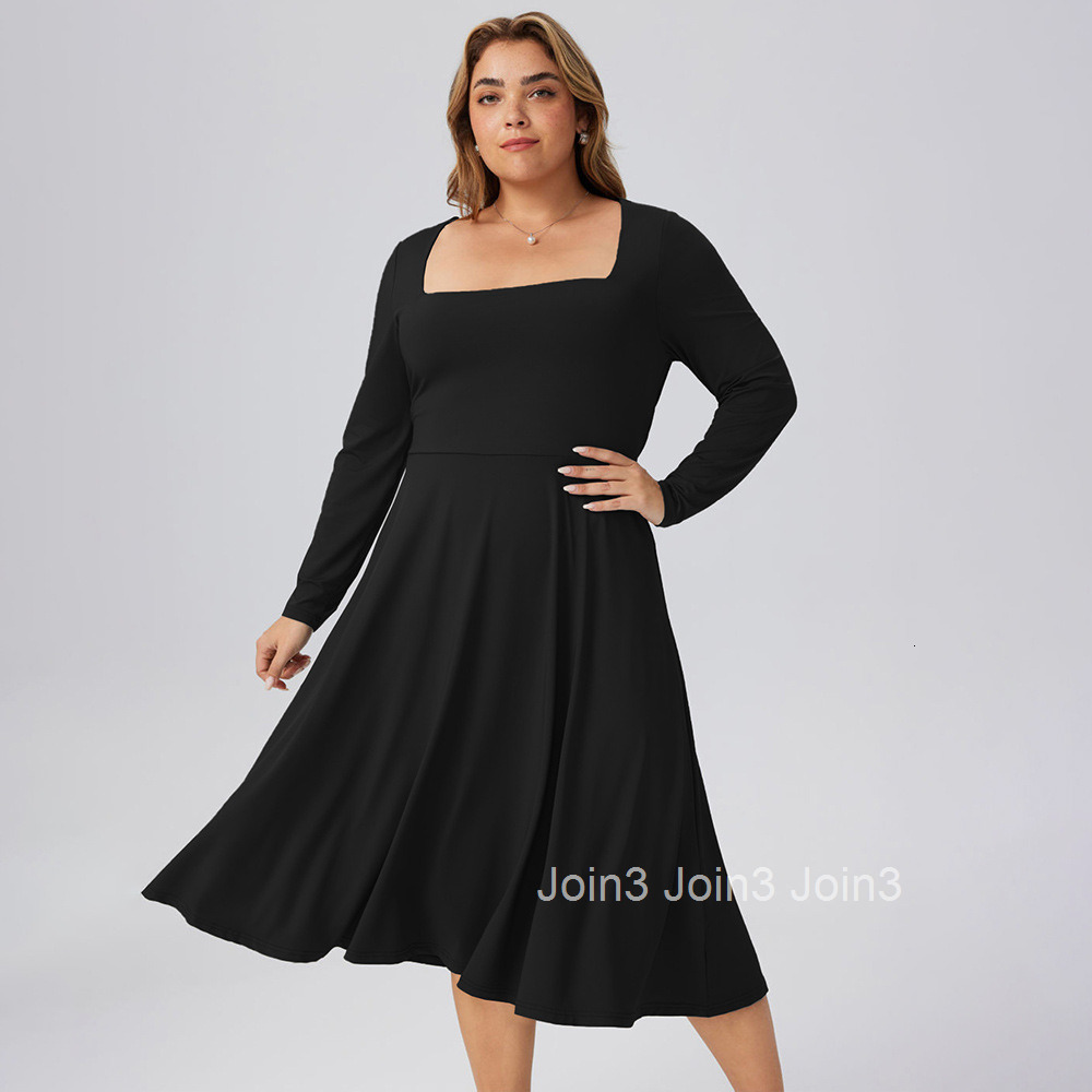 Autumn and Winter New Plus Size Womens Square Neck Medium Long Style Waist Cinching Temperament Commuting Long Sleeved Dress