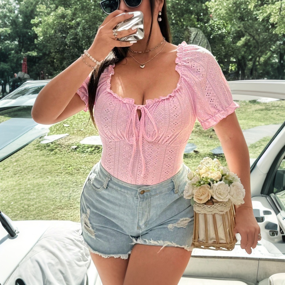 Plus Size Womens Sweet Anti-aging T-shirt Summer Square Neck Slim Fit and Sexy Short Sleeved Top
