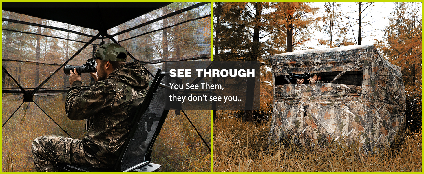 Hunting Blind, 270° See Through Ground Blind, 1-2 Person Pop Up Deer Blind for Hunting with Carrying Bag, Portable Resilient