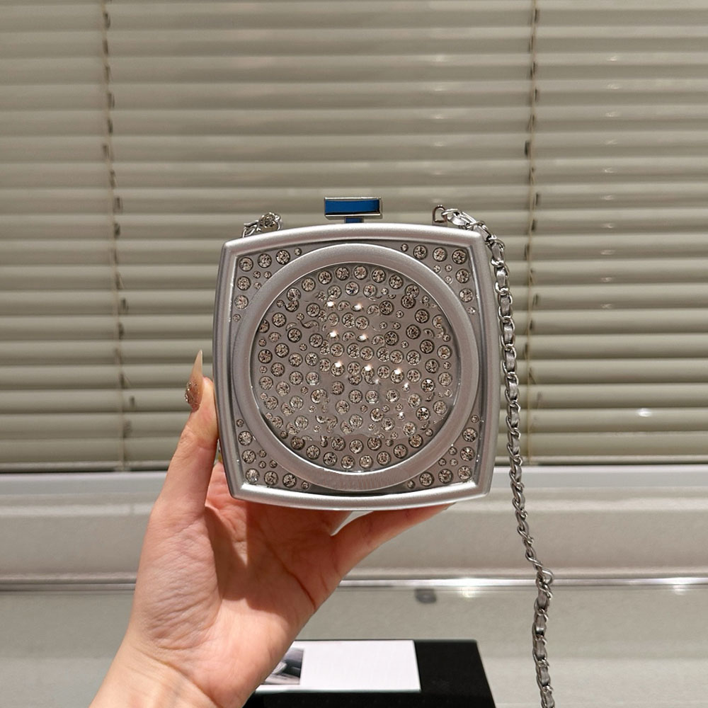 Luxurious Rhinestone Cosmetic Bag Women Acrylic Designer Crossbody Shoulder Bag Silver Hardware Vintage Handbag Evening Clutch Trend Coin Purse Card Holder 15CM