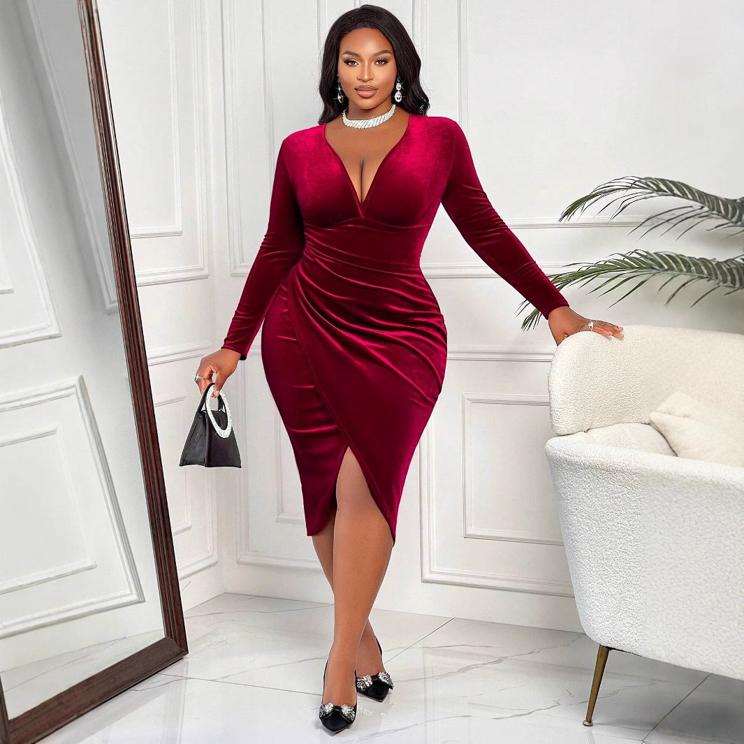 Autumn and Winter New Womens Sexy Socialite Style Dress V-neck Design with Wine Red Mid Length Skirt