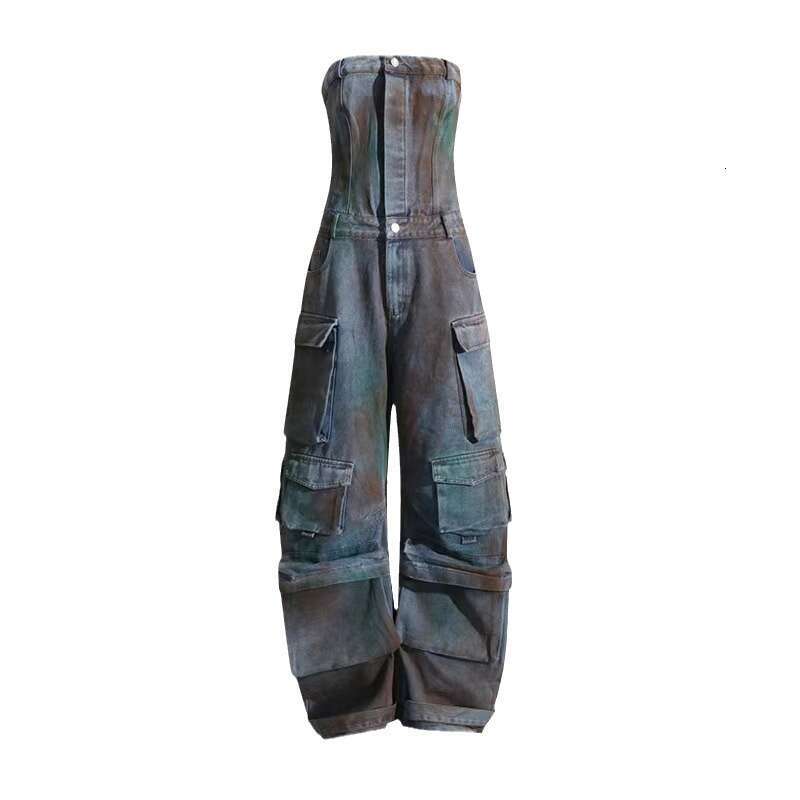 Wide Leg Jumpsuit Personalized Street Style Strapless Waist Cinching Revealing Figure Spicy Girl Multi Pocket Denim Work Pants Jumpsuit