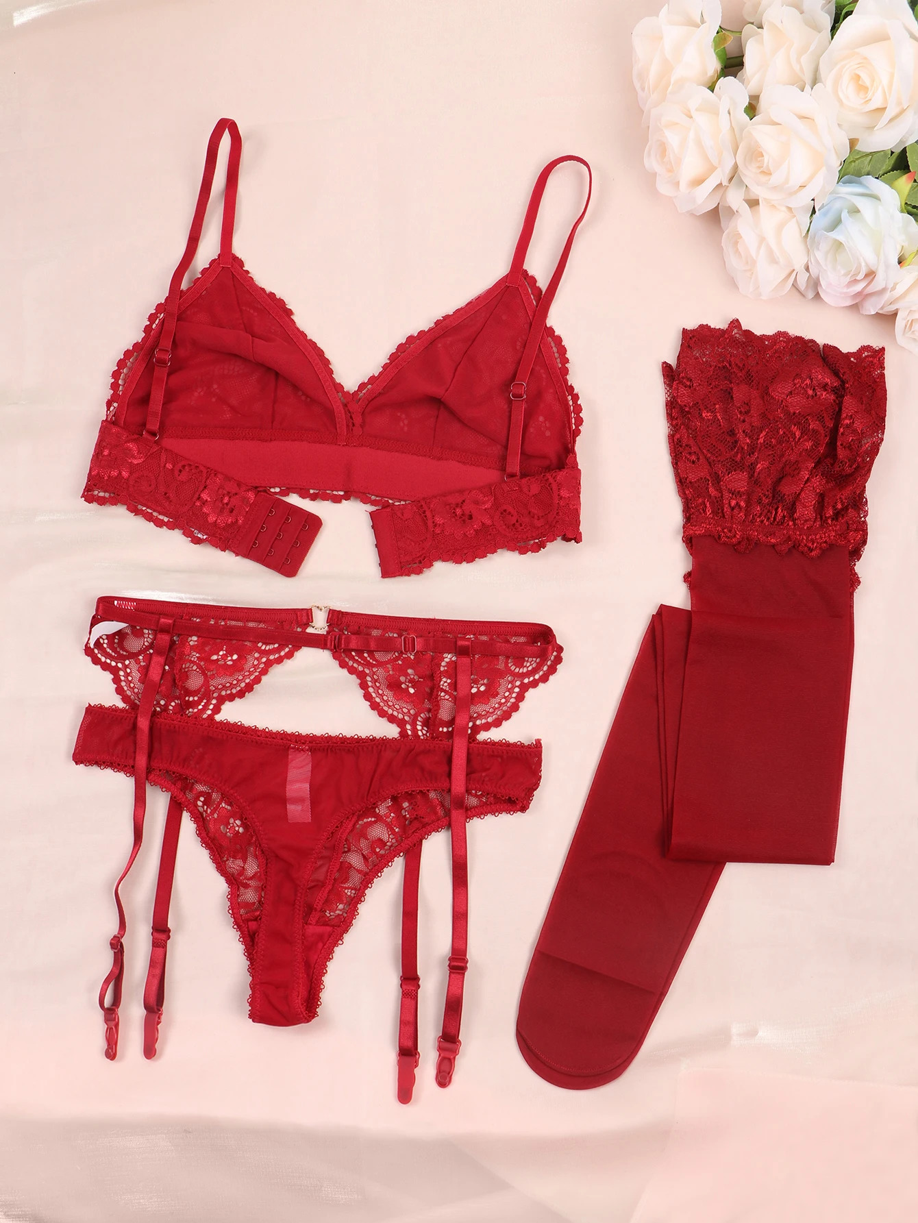Varsbaby Lace Bra Sets for Women Non-padded Bra Panty Garter Stockings Summer Underwear Lingerie Sexy 250515