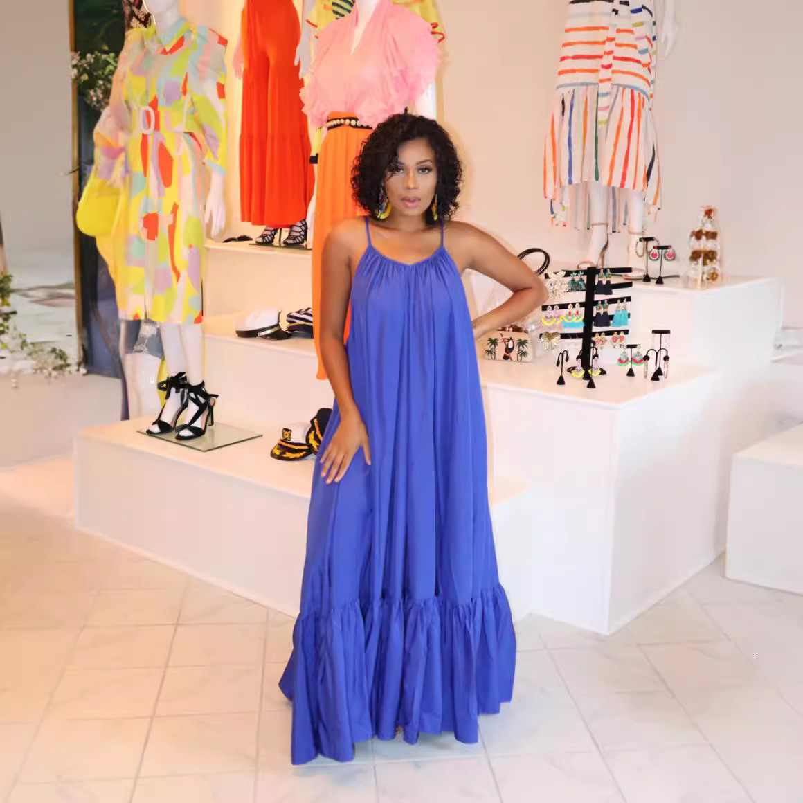 Women Dresses New Fashion Hot Selling Sexy Sling Sleeveless Solid Color Long Swing Dress