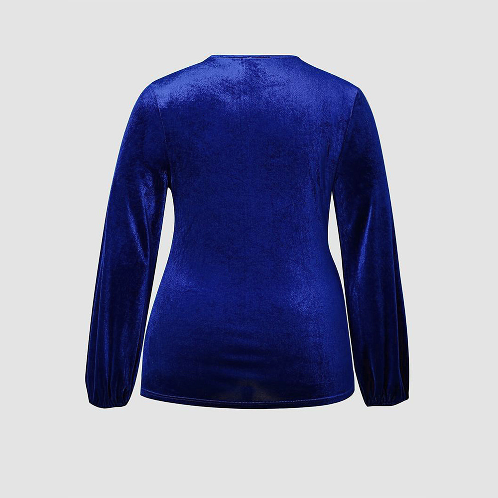 Plus Size Womens Elegant Style V-neck T-shirt Autumn and Winter Lantern Sleeves Slim Fit Solid Color Velvet Long Sleeved Top