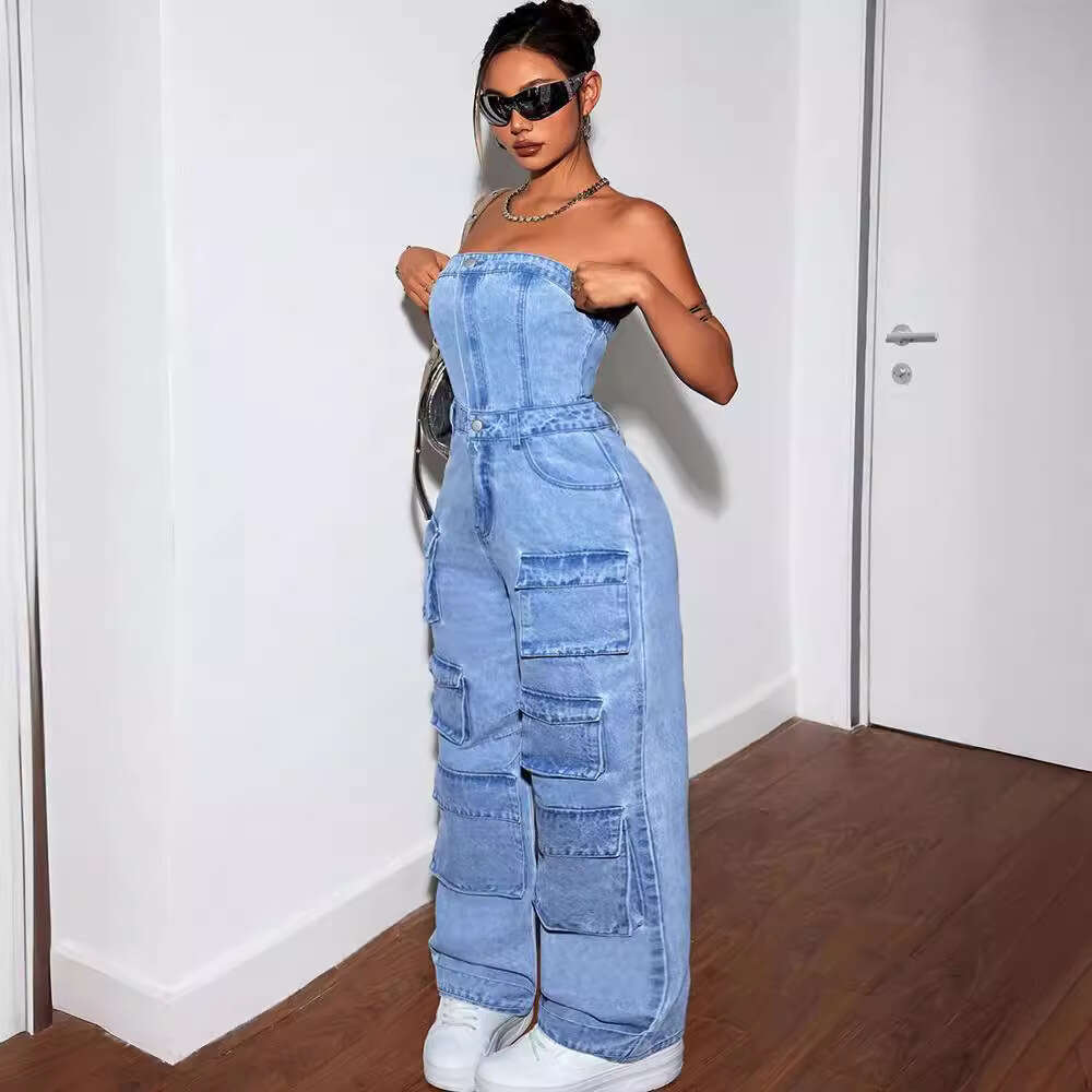 Wide Leg Jumpsuit Women S Denim Jumpsuit Women S Fashion Spicy Girl Strapless Multi Pocket Work Pants