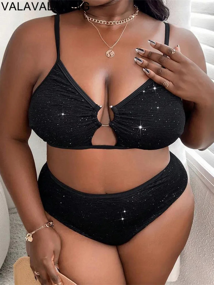 2025 Black 2 Piece Plus Size Bikini Women Strapped Large Swimsuit Sexy Brazilian Swimwear High Waist Chubby Curvy Bathing Suit 250515