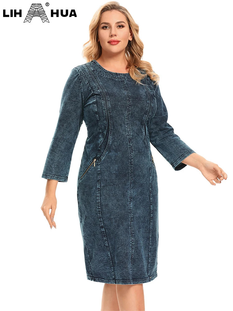 LIH HUA Womens Plus Size Denim Dress Fall Casual Fashion High Stretch Cotton Knit Dress with Pockets 250515