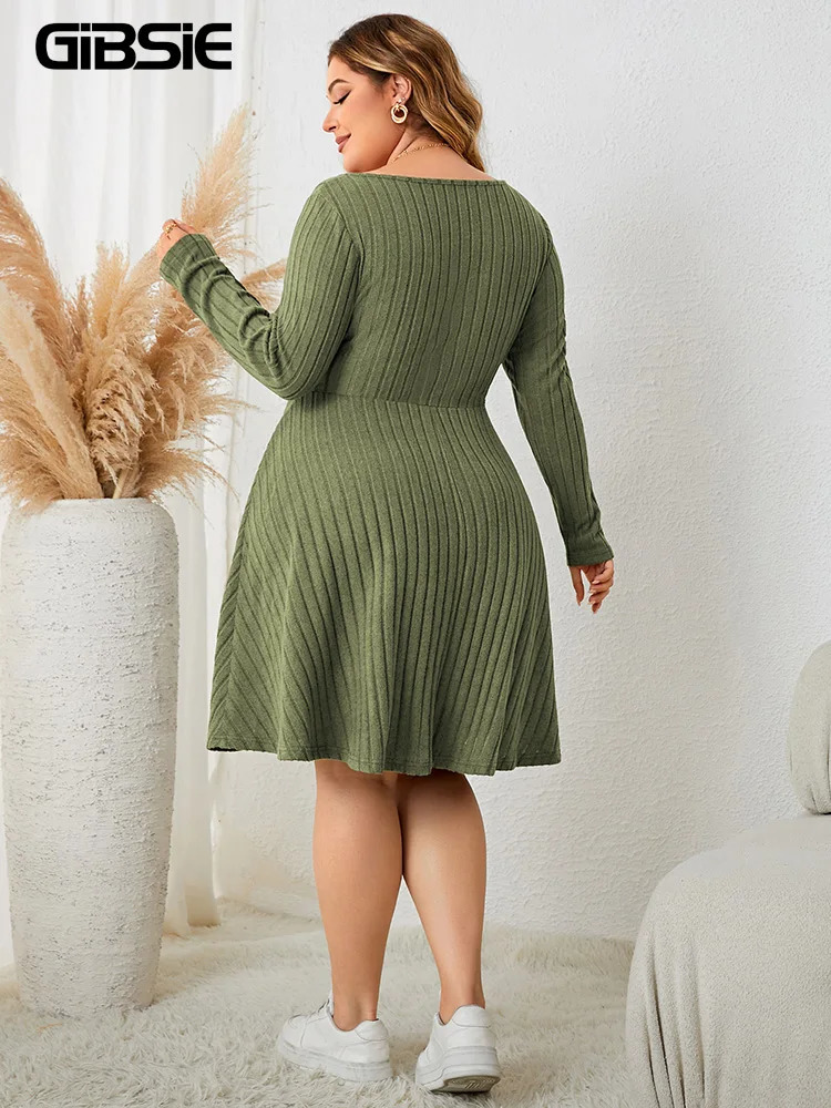 GIBSIE Plus Size Sweettheart Neck Knot Front A-Line Dress Women Fall Vintage Long Sleeve Ribbed Knit Casual Winter Dresses 250515