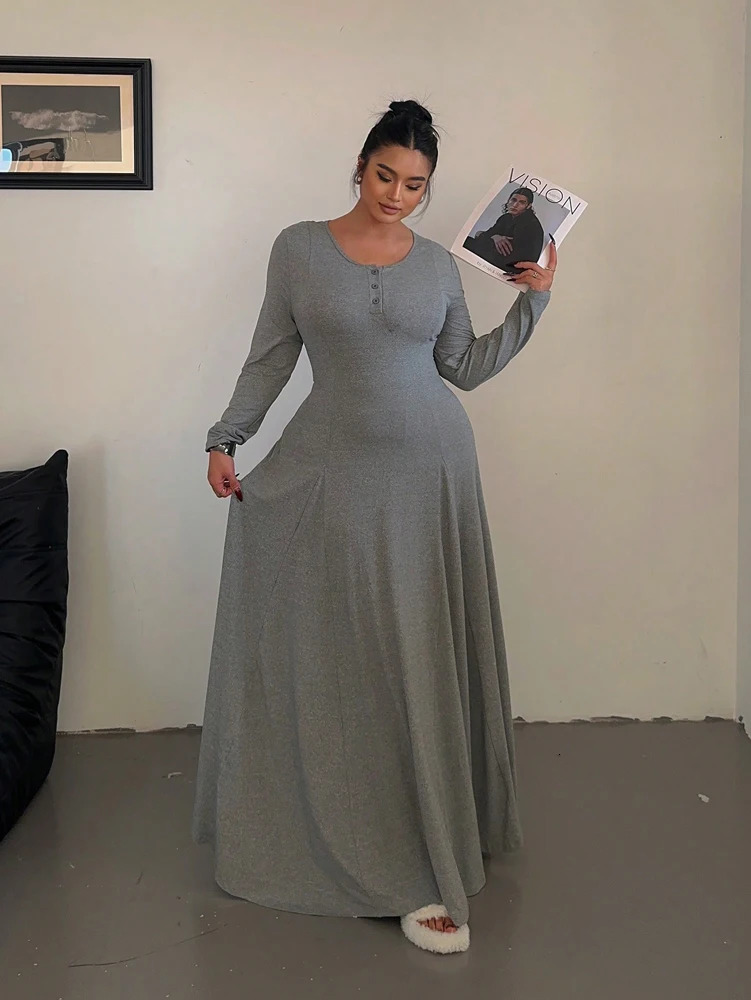Plus size Solid colour Knitted Elegant Waist Slim A-line Draped dress long womens polyester 2025 Summer 250515