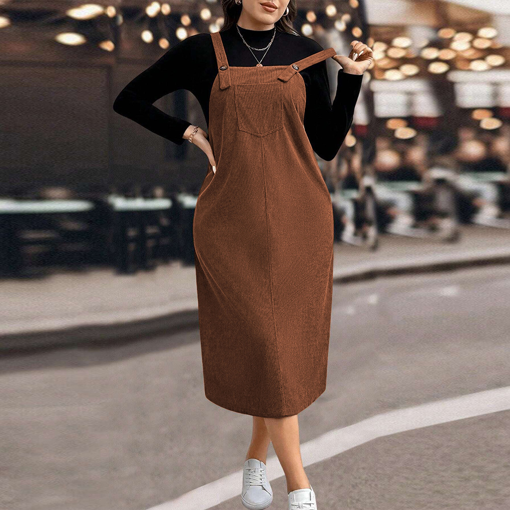 Plus Size Womens Lazy Style Shoulder Strap Skirt Autumn and Winter Loose Straight Waist Mid Length Dress