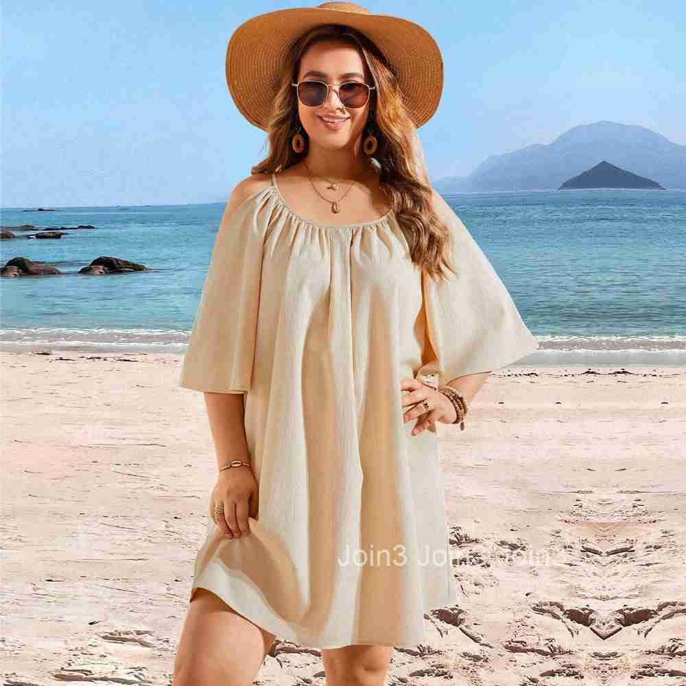 Large Size Womens Spring/summer Vacation Casual Round Neck Sexy Off Shoulder Short Sleeved Dress