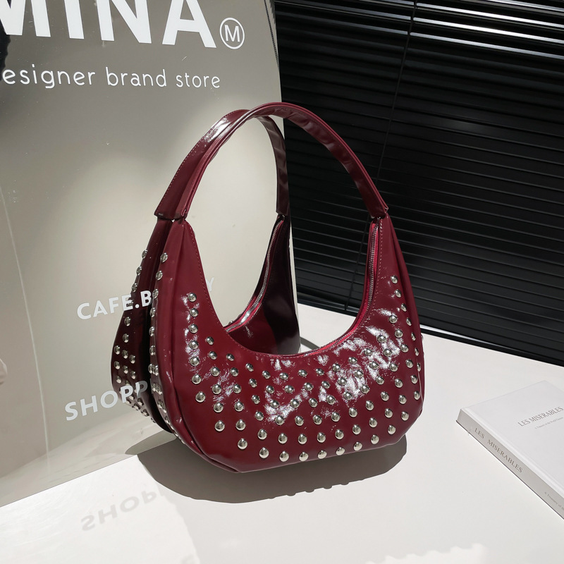 New punk style round rivet inlaid luxury bucket bag new women's underarm designer shoulder bag single shoulder crescent bag versatile commuting u