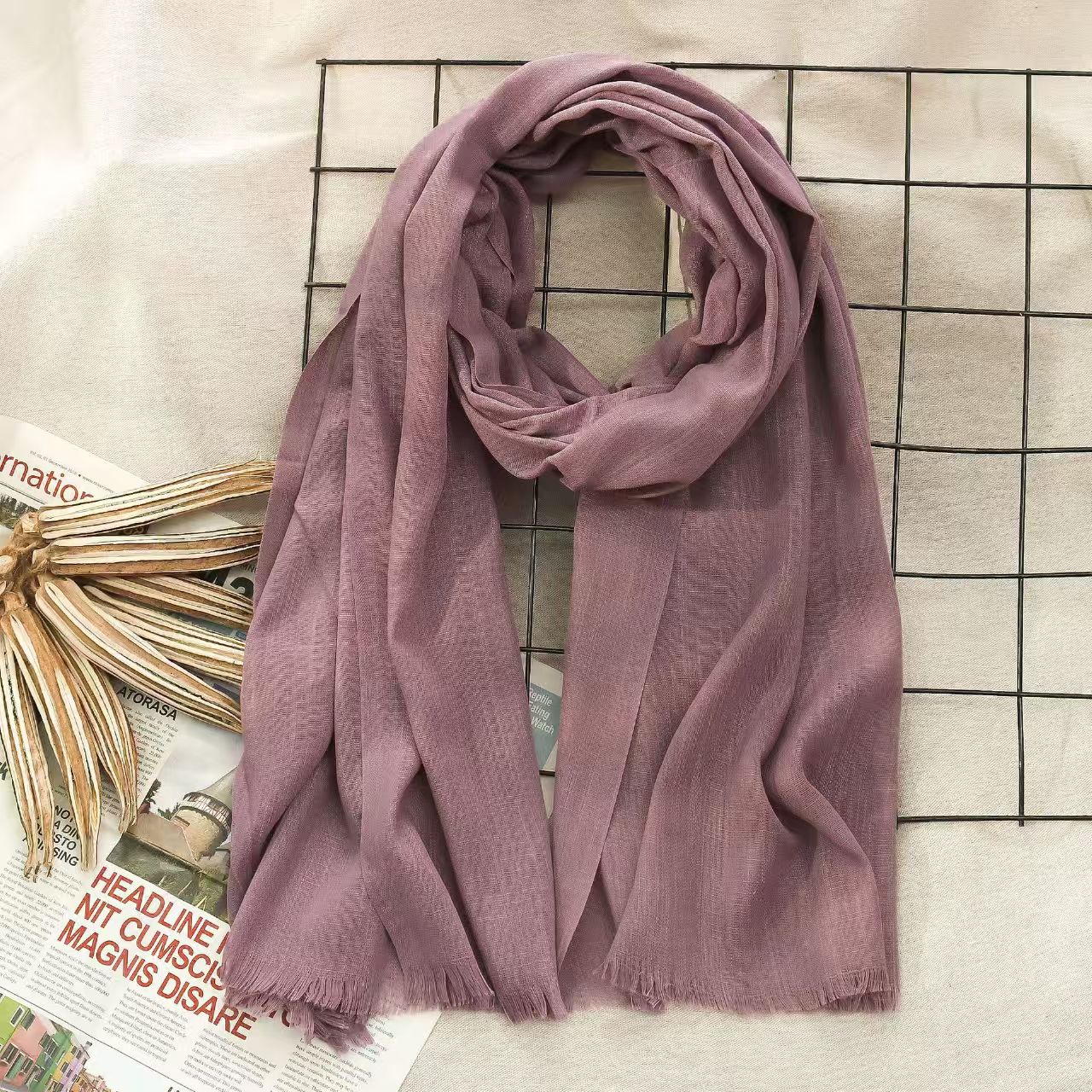 T719 solid color bamboo cotton scarf autumn and winter new two ends of the beard single color medium long scarf