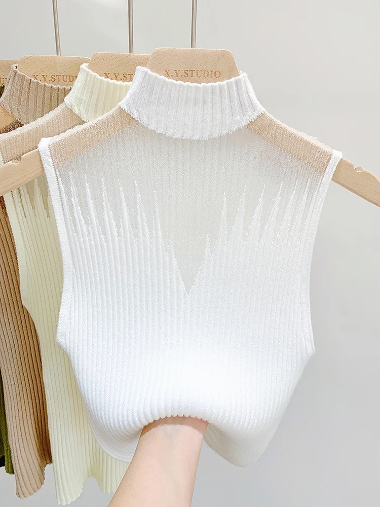 Mesh Knitted Top Women Y2K Tank Half Neck Vest Female Sleeveless Sweater Chic Cut Out Streetwear Solid Skinny Tube 250506