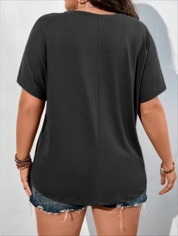 Plus Size European and American Cross Border Womens Vneck Casual Solid Color Pocket Tshirt 250514