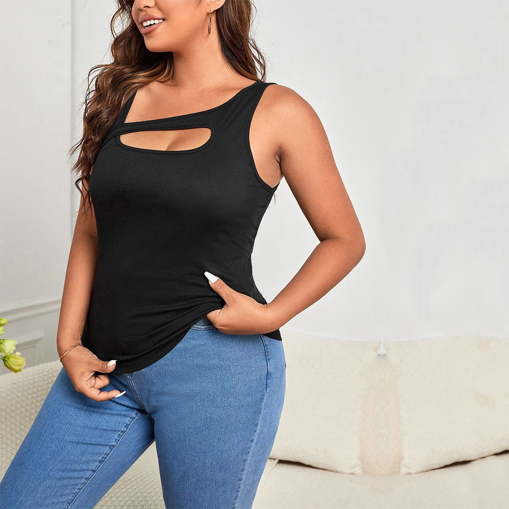 Large Size Womens New Ins Style Asymmetrical Shoulder Strap Hollowed Out Slim Fit Solid Color Vest Top