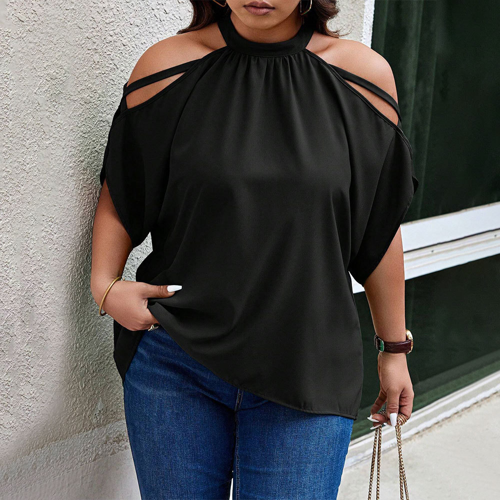 Large Size Womens Spring and Summer New Style Off Shoulder Design Fashionable and Casual Hanging Neck Temperament Top