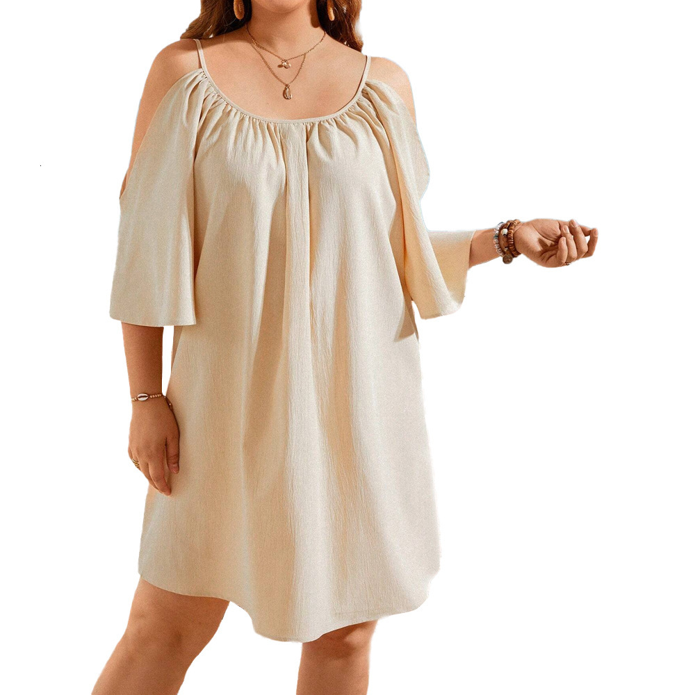Large Size Womens Spring/summer Vacation Casual Round Neck Sexy Off Shoulder Short Sleeved Dress