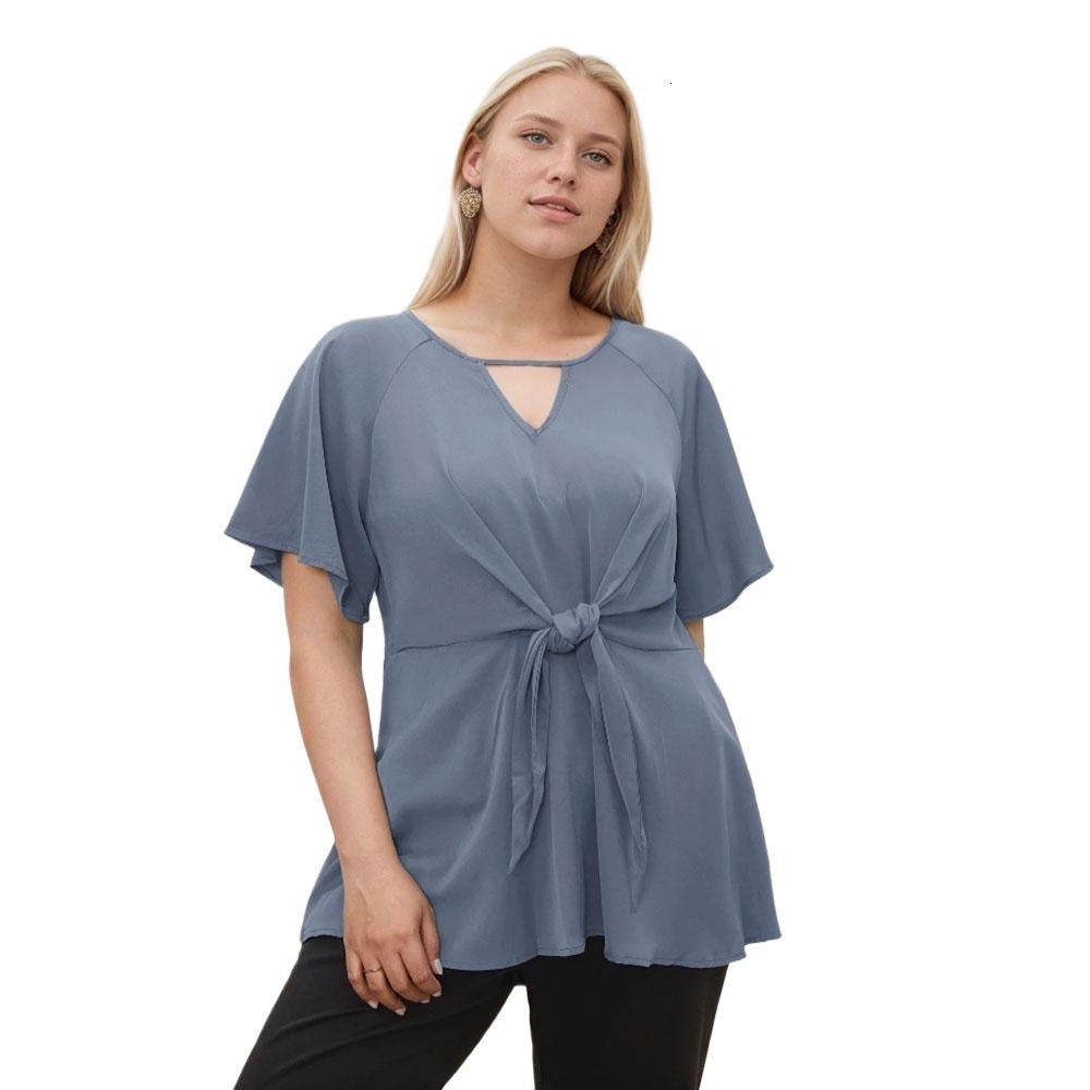 2025 New Plus Size Womens Simple and Elegant Style T-shirt V-neck Waist Cinching Slimming Loose Versatile Top
