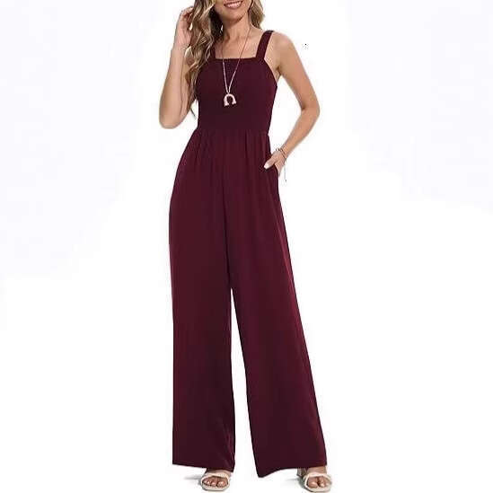 Wide Leg Jumpsuit Summer Women S Casual Strap Sleeveless Square Collar Slim Fit Wide Leg Comb
