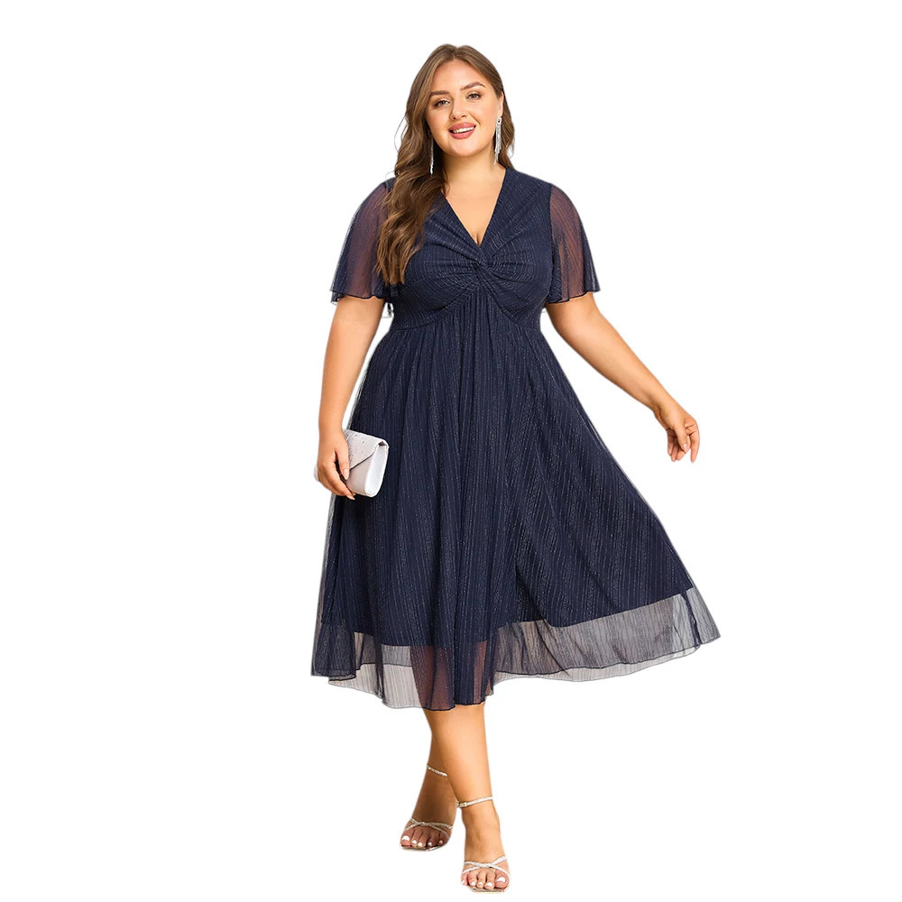 Plus Size Womens V-Neck Solid Dresses Elegant Evening Party Dress Prom Female Large Size Bridesmaid Dresses 2XL 3XL 4XL 5XL 6XL 250515