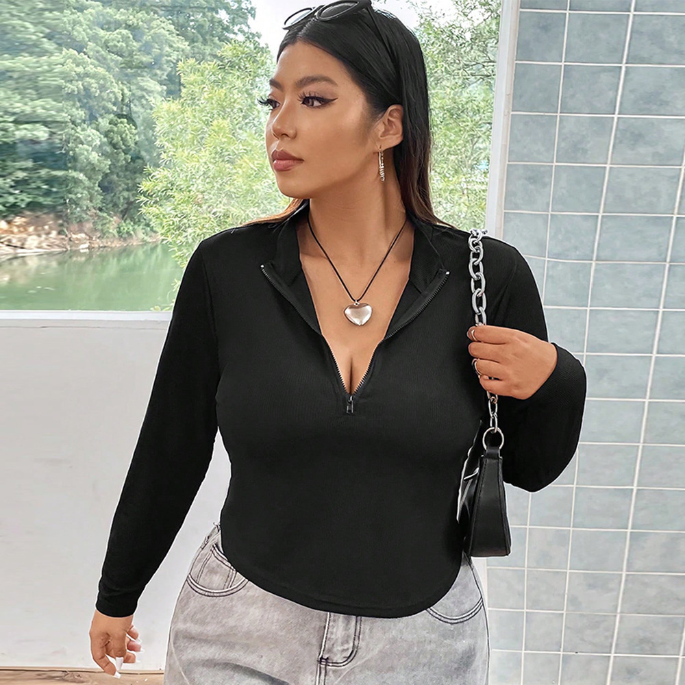 Large Size Womens Solid Color Base Shirt Zipper Long Sleeved T-shirt Womens Autumn and Winter New Sexy Spicy Girl Slim Fit Top