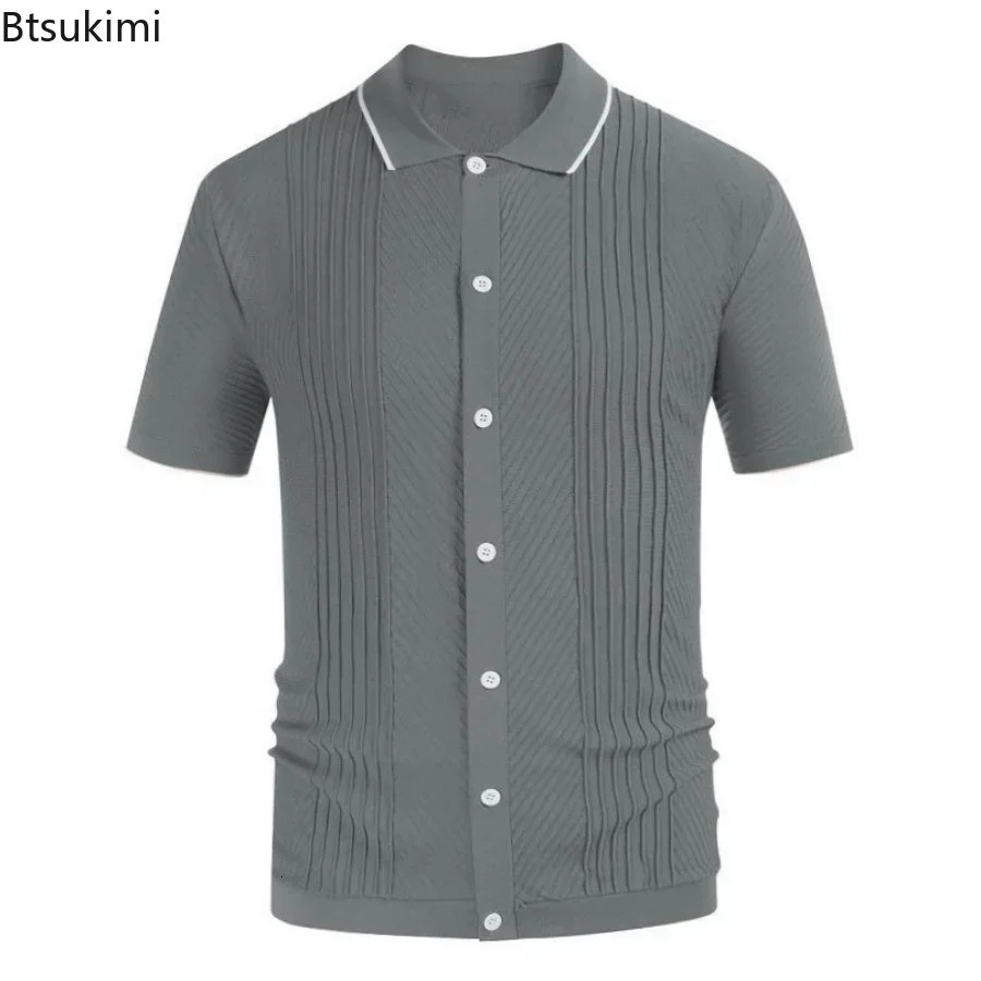 2025 Mens Summer Short Sleeve Polo Shirts Knitted Lapel Cardigan Top Stripe Stitching Men Polo Tee Shirt Fashion Camisa Hombre 250515
